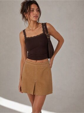 La Rose Collection Suede Leather Skirt Size 8 Camel Tan Contrast Stitch A Line